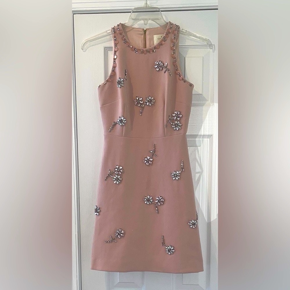 Kate Spade Scattered Brooch Rhinestone Crystal Blush Pink Crepe Dress.